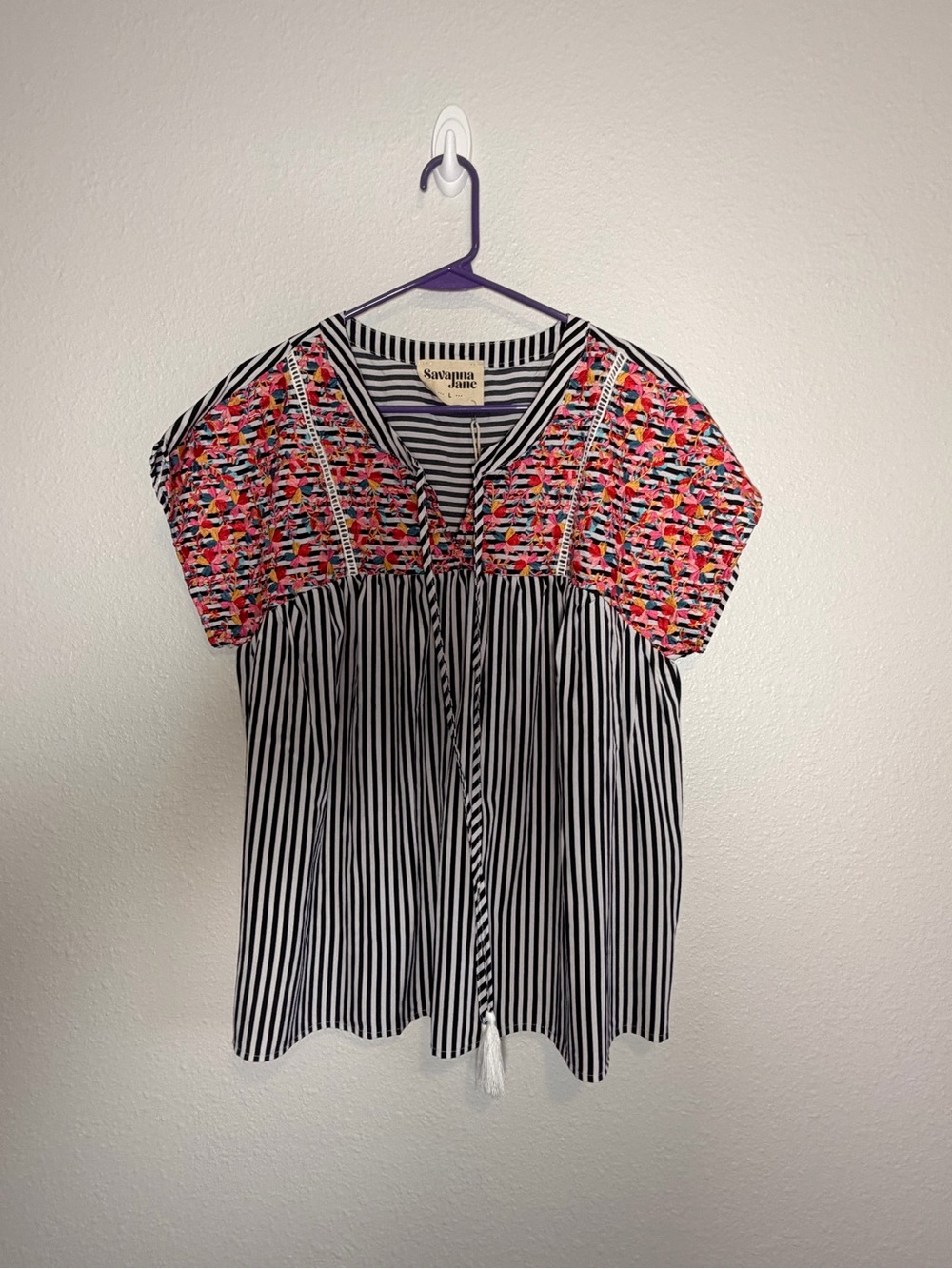 Savannah Jane NWT Black Stripe Peasant Top with Multicolor Embroidered Yoke